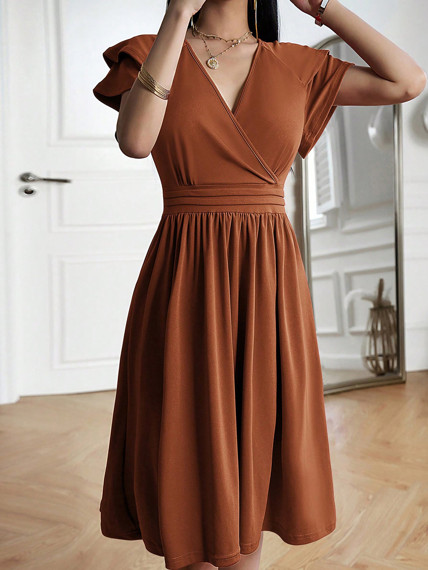 Allegra K Solid Color V Neck Ruffled Sleeve Midi Dress