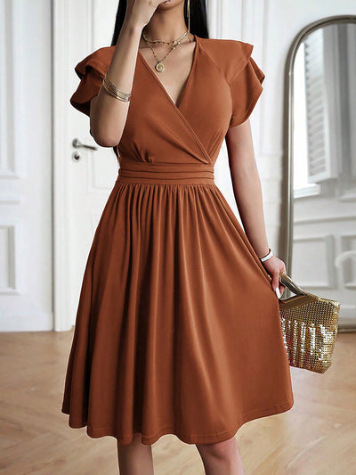 Solid Color V Neck Ruffled Sleeve Midi Dress