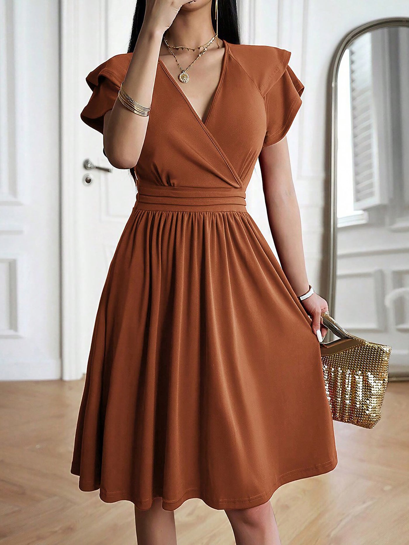 Allegra K Solid Color V Neck Ruffled Sleeve Midi Dress