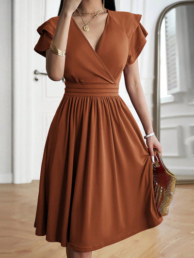 Solid Color V Neck Ruffled Sleeve Midi Dress