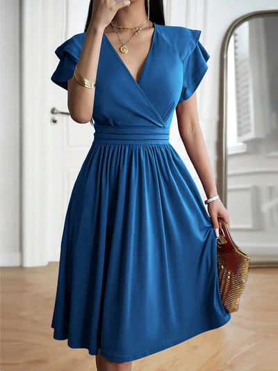 Solid Color V Neck Ruffled Sleeve Midi Dress