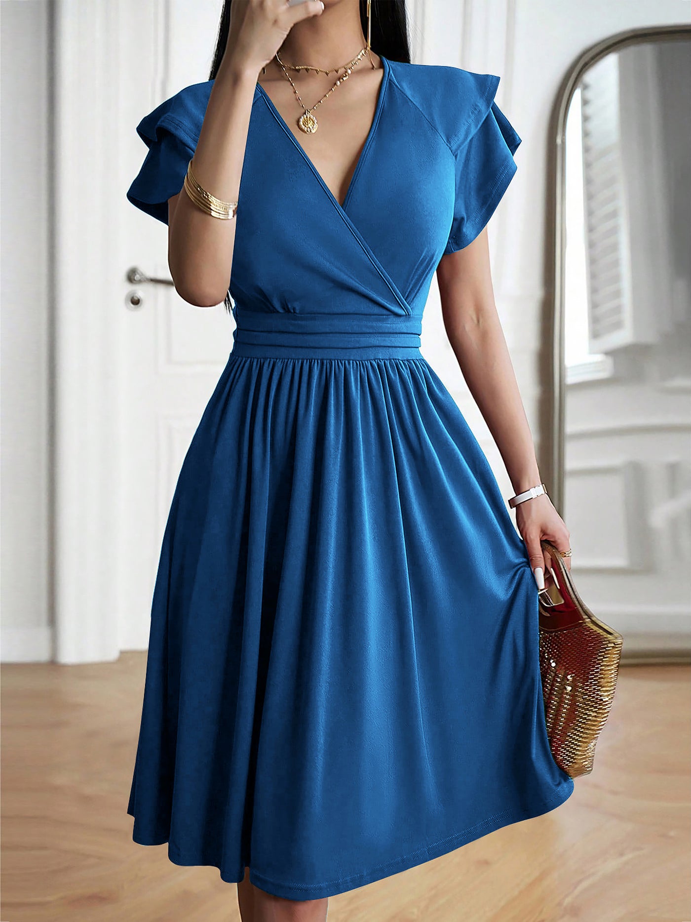 Allegra K Solid Color V Neck Ruffled Sleeve Midi Dress