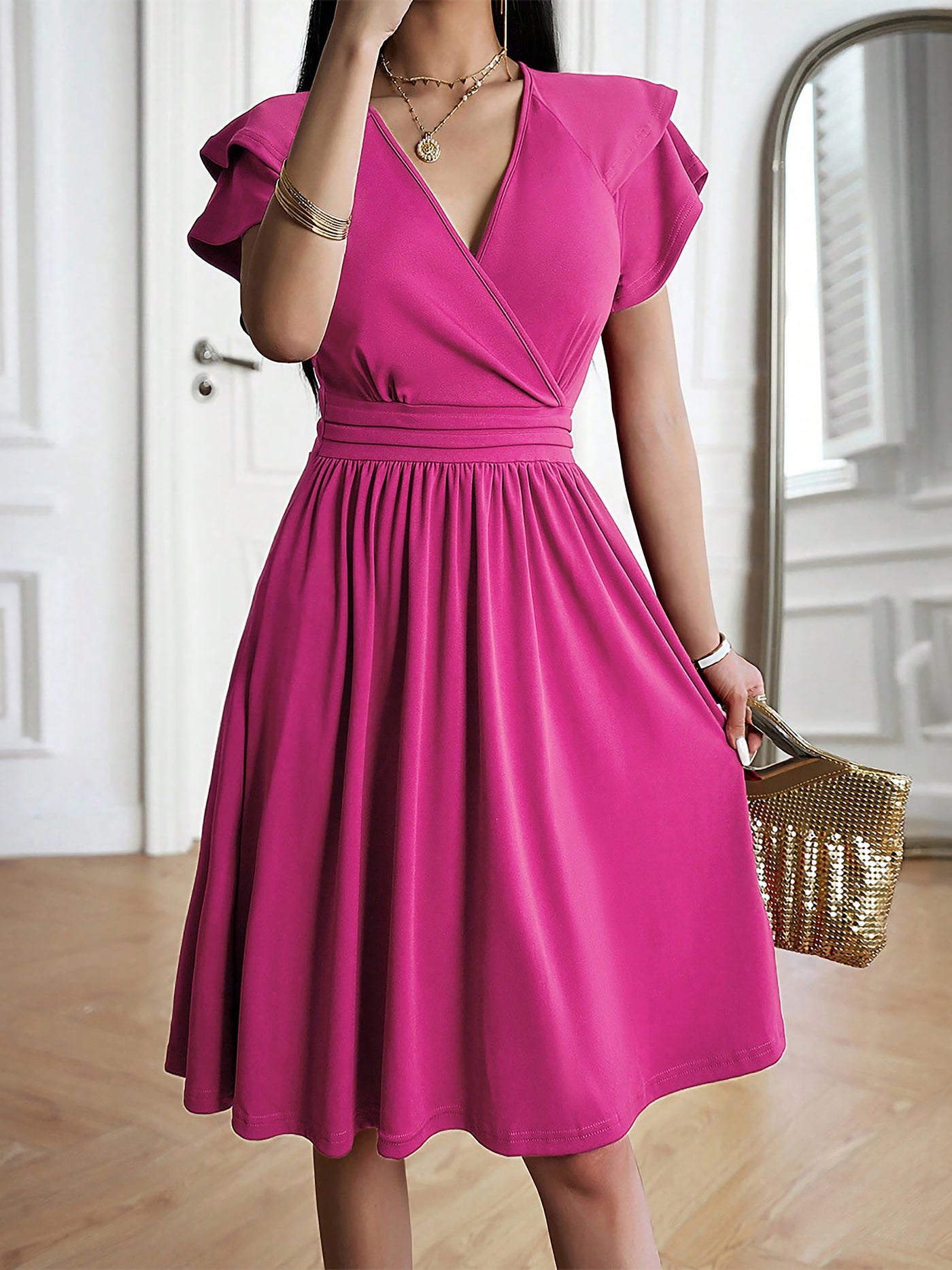 Allegra K Solid Color V Neck Ruffled Sleeve Midi Dress