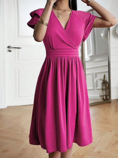 Solid Color V Neck Ruffled Sleeve Midi Dress