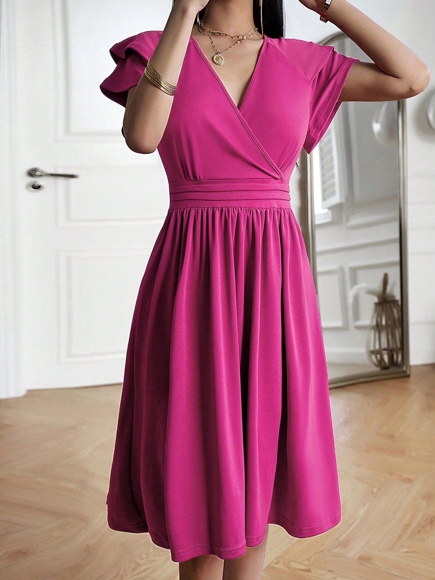 Allegra K Solid Color V Neck Ruffled Sleeve Midi Dress