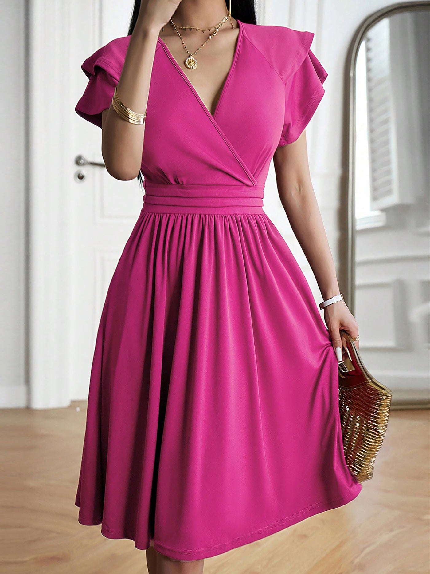 Allegra K Solid Color V Neck Ruffled Sleeve Midi Dress