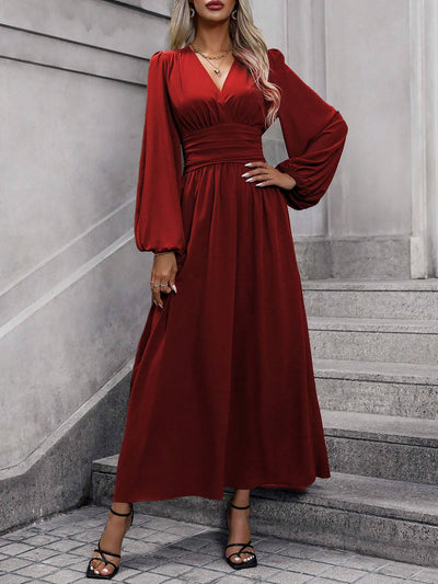 Solid Color V Neck Lantern Sleeves Slit Midi Dress