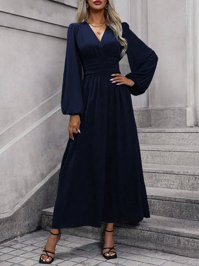 Solid Color V Neck Lantern Sleeves Slit Midi Dress