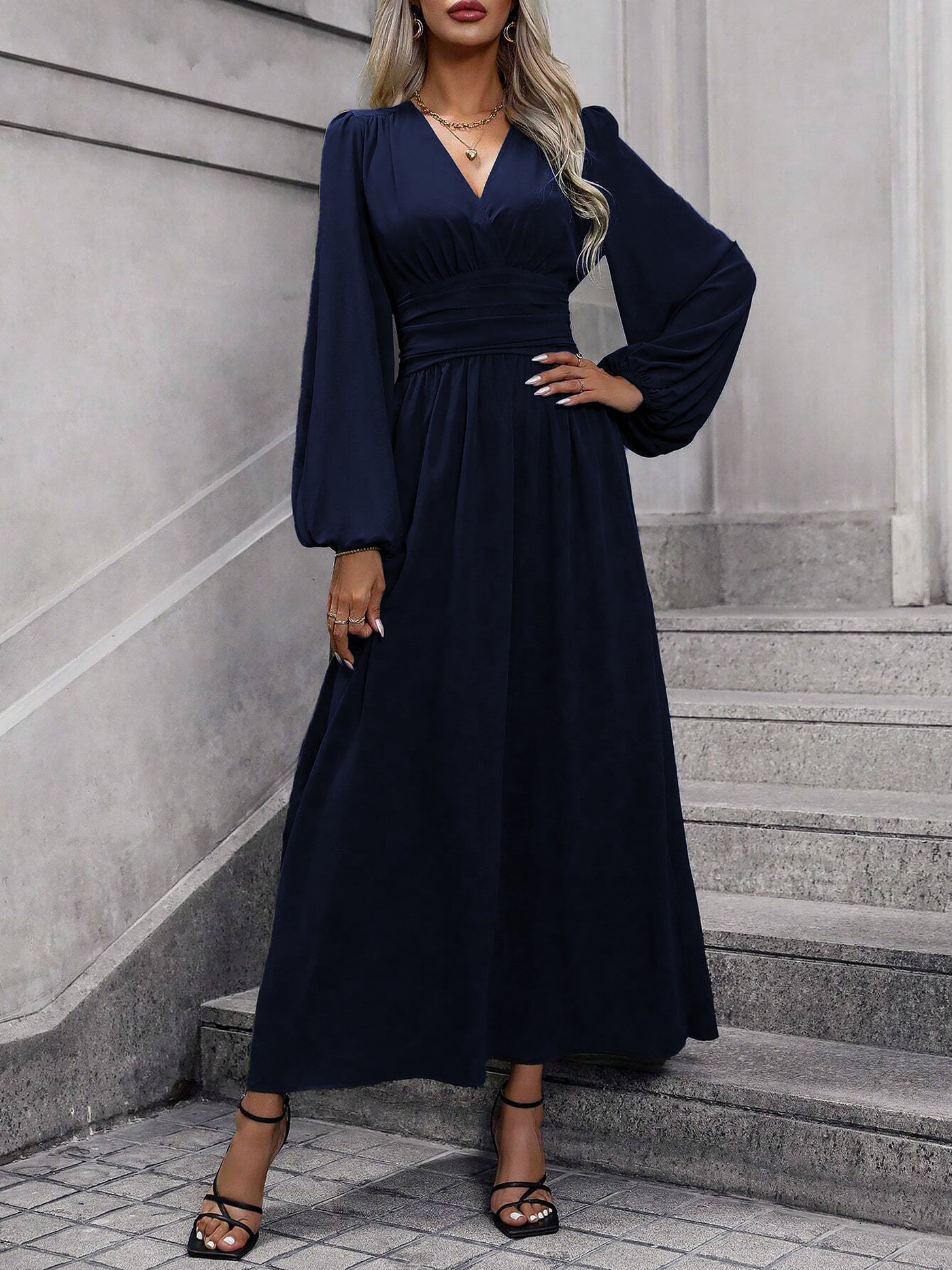 Allegra K Solid Color V Neck Lantern Sleeves Slit Midi Dress