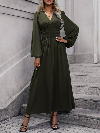 Solid Color V Neck Lantern Sleeves Slit Midi Dress