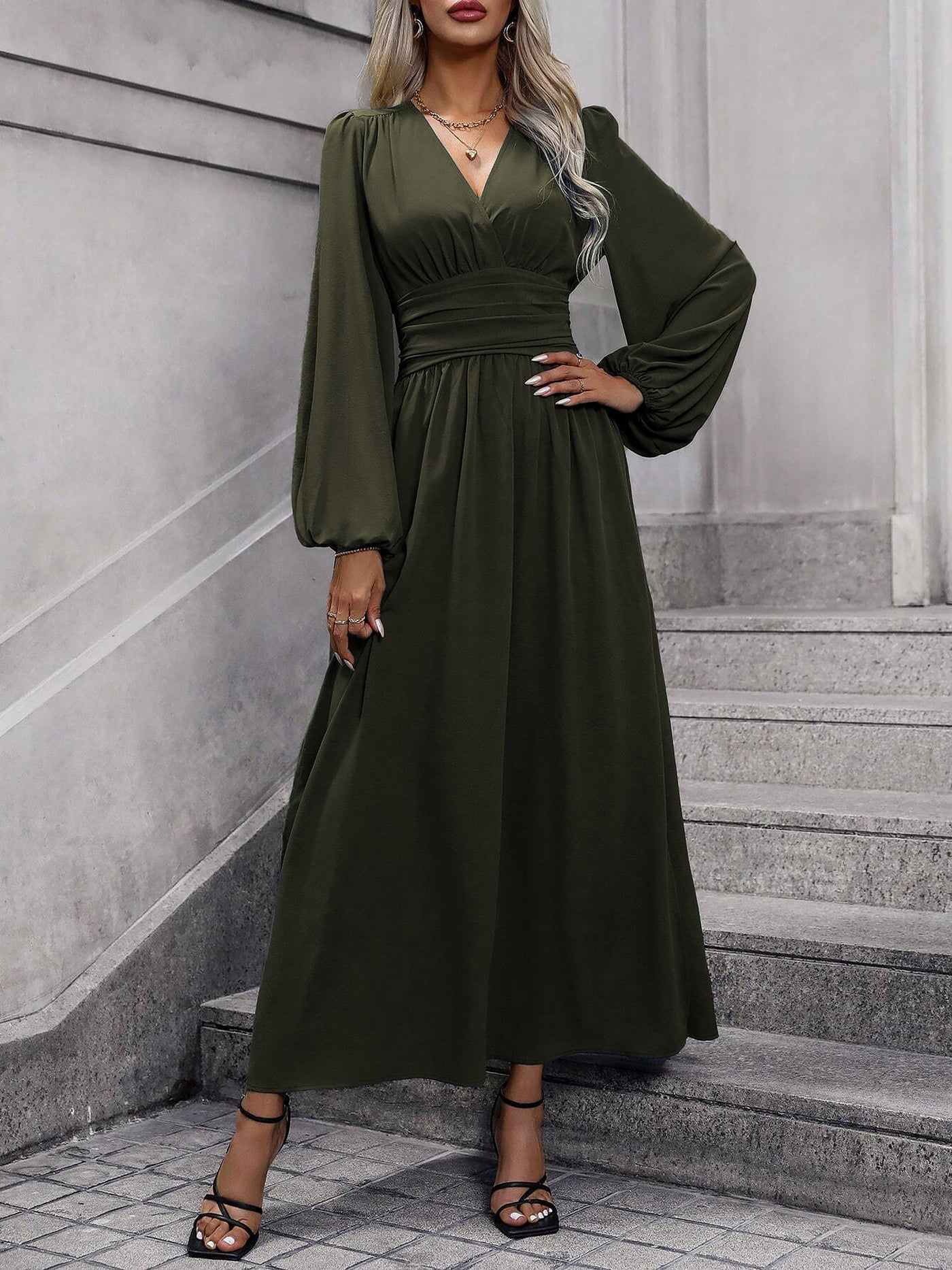 Allegra K Solid Color V Neck Lantern Sleeves Slit Midi Dress