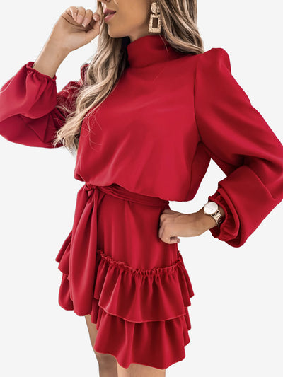 Lantern Sleeve Mock Neck Ruffled Tiered Mini Dress