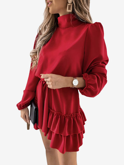 Lantern Sleeve Mock Neck Ruffled Tiered Mini Dress