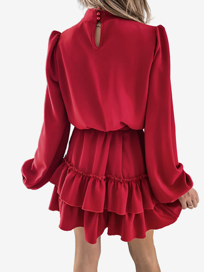 Lantern Sleeve Mock Neck Ruffled Tiered Mini Dress