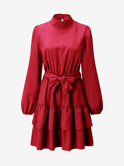 Lantern Sleeve Mock Neck Ruffled Tiered Mini Dress