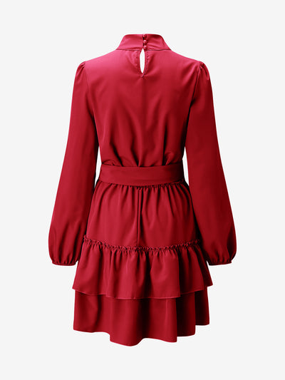 Lantern Sleeve Mock Neck Ruffled Tiered Mini Dress