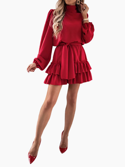 Lantern Sleeve Mock Neck Ruffled Tiered Mini Dress