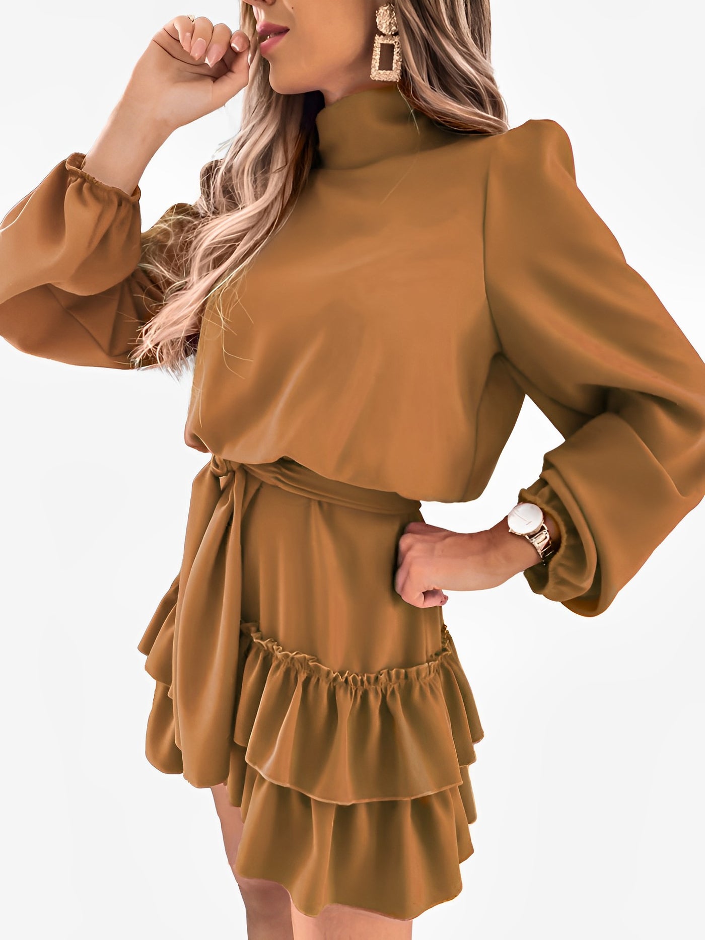 Allegra K Lantern Sleeve Mock Neck Ruffled Tiered Mini Dress