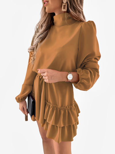 Lantern Sleeve Mock Neck Ruffled Tiered Mini Dress