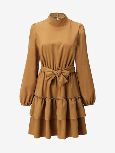 Lantern Sleeve Mock Neck Ruffled Tiered Mini Dress