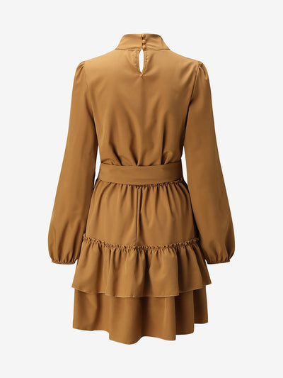 Lantern Sleeve Mock Neck Ruffled Tiered Mini Dress