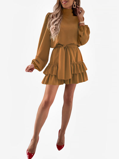 Lantern Sleeve Mock Neck Ruffled Tiered Mini Dress