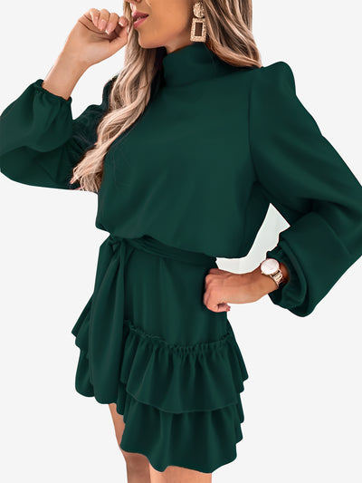 Lantern Sleeve Mock Neck Ruffled Tiered Mini Dress