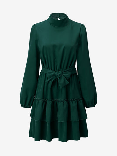 Lantern Sleeve Mock Neck Ruffled Tiered Mini Dress