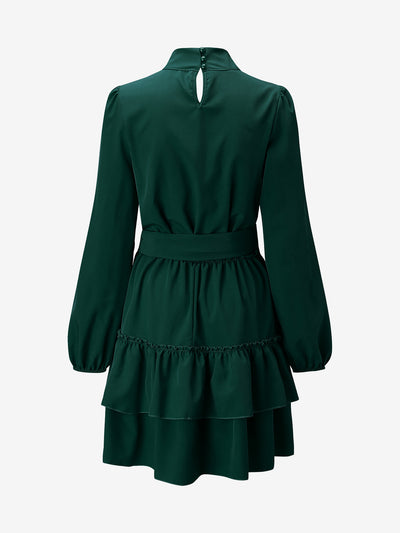 Lantern Sleeve Mock Neck Ruffled Tiered Mini Dress