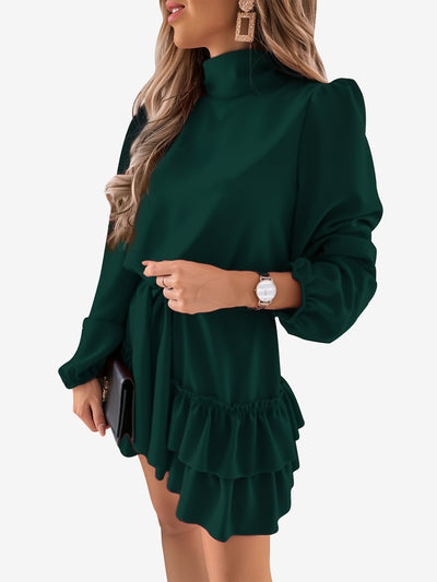 Lantern Sleeve Mock Neck Ruffled Tiered Mini Dress