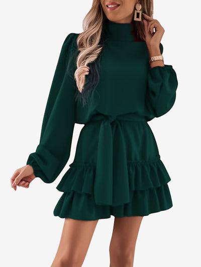 Lantern Sleeve Mock Neck Ruffled Tiered Mini Dress