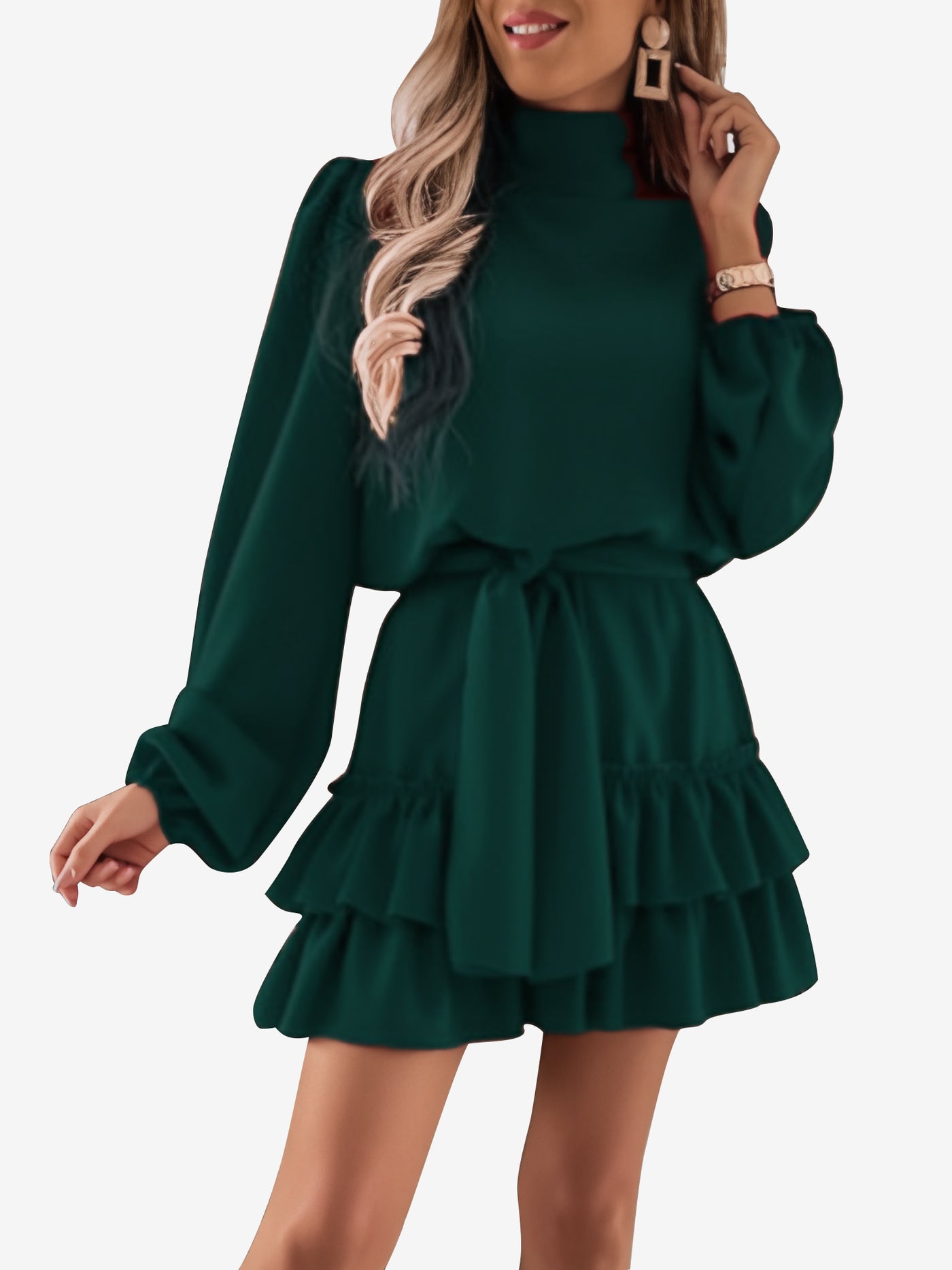 Allegra K Lantern Sleeve Mock Neck Ruffled Tiered Mini Dress