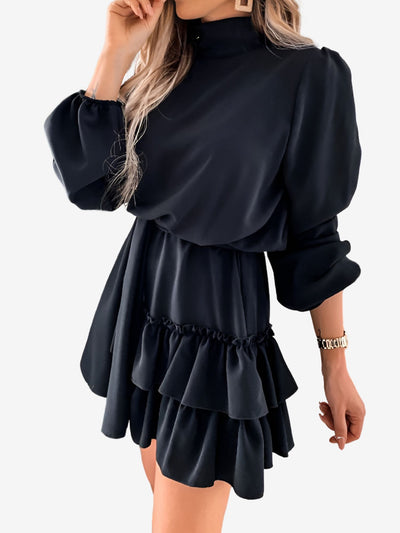 Lantern Sleeve Mock Neck Ruffled Tiered Mini Dress