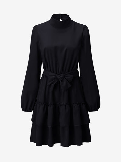 Lantern Sleeve Mock Neck Ruffled Tiered Mini Dress