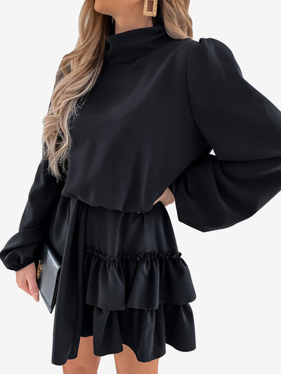 Lantern Sleeve Mock Neck Ruffled Tiered Mini Dress