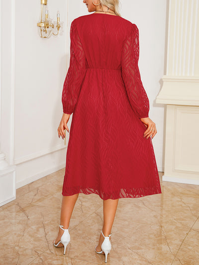 Lantern Sleeve Textured A-Line Midi Dress