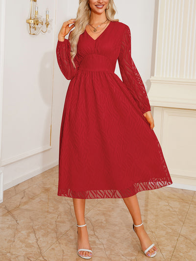 Allegra K Lantern Sleeve Textured A-Line Midi Dress