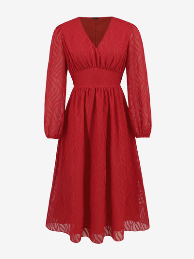 Lantern Sleeve Textured A-Line Midi Dress