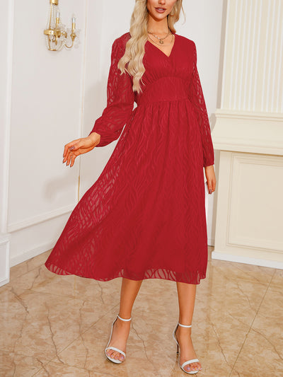 Lantern Sleeve Textured A-Line Midi Dress