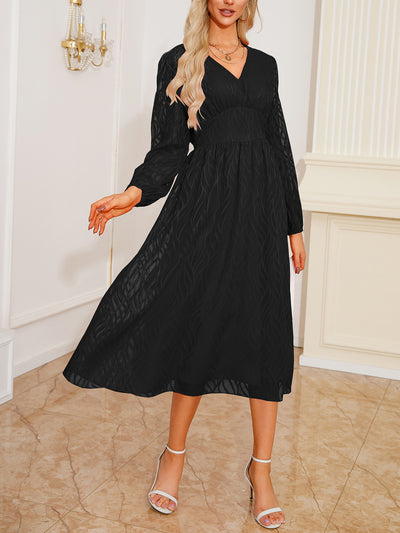 Lantern Sleeve Textured A-Line Midi Dress