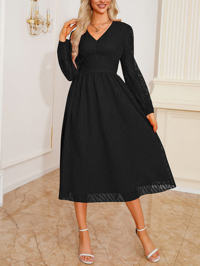 Lantern Sleeve Textured A-Line Midi Dress