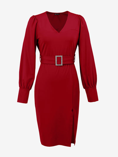 Lantern Sleeve Solid Color V Neck Belted Sheath Dress