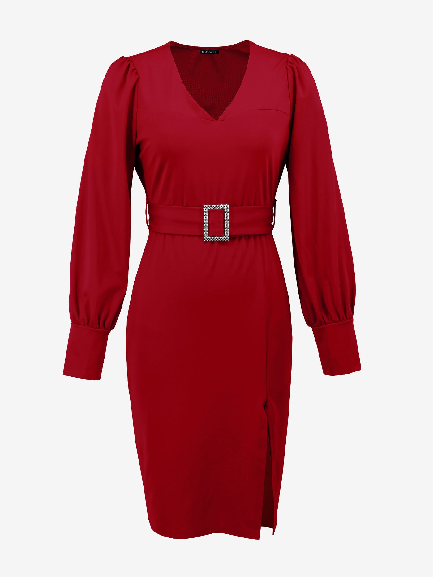 Allegra K Lantern Sleeve Solid Color V Neck Belted Sheath Dress