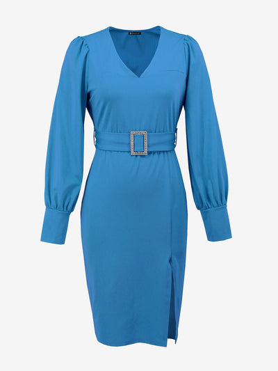 Lantern Sleeve Solid Color V Neck Belted Sheath Dress