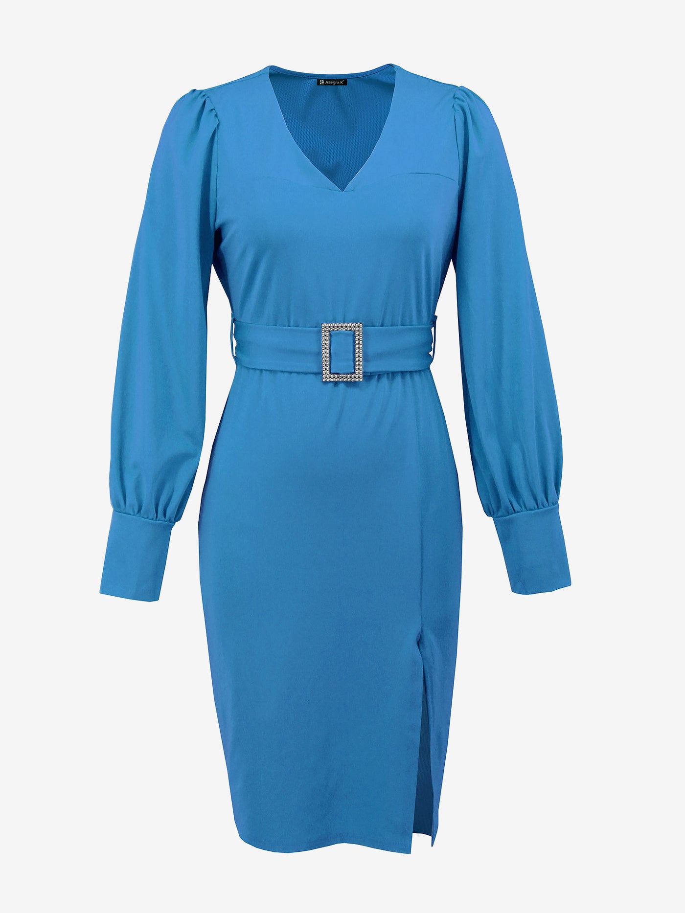 Allegra K Lantern Sleeve Solid Color V Neck Belted Sheath Dress