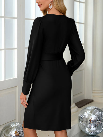 Lantern Sleeve Solid Color V Neck Belted Sheath Dress