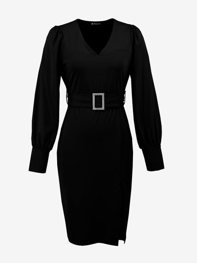 Lantern Sleeve Solid Color V Neck Belted Sheath Dress