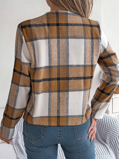 Plaid Long Sleeves Open Front Cropped Jacket