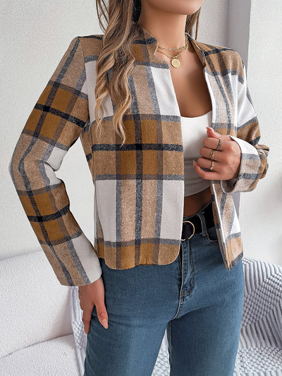 Plaid Long Sleeves Open Front Cropped Jacket