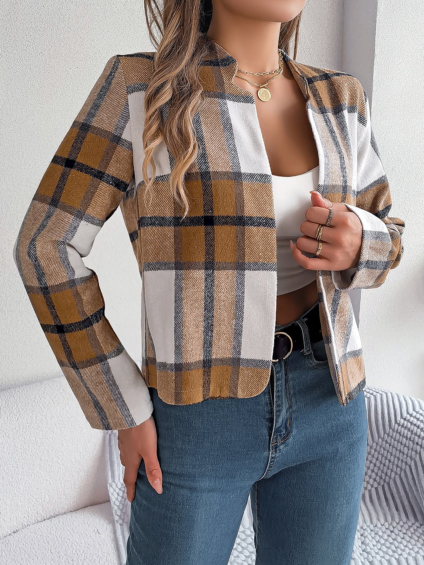 Allegra K Plaid Long Sleeves Open Front Cropped Jacket